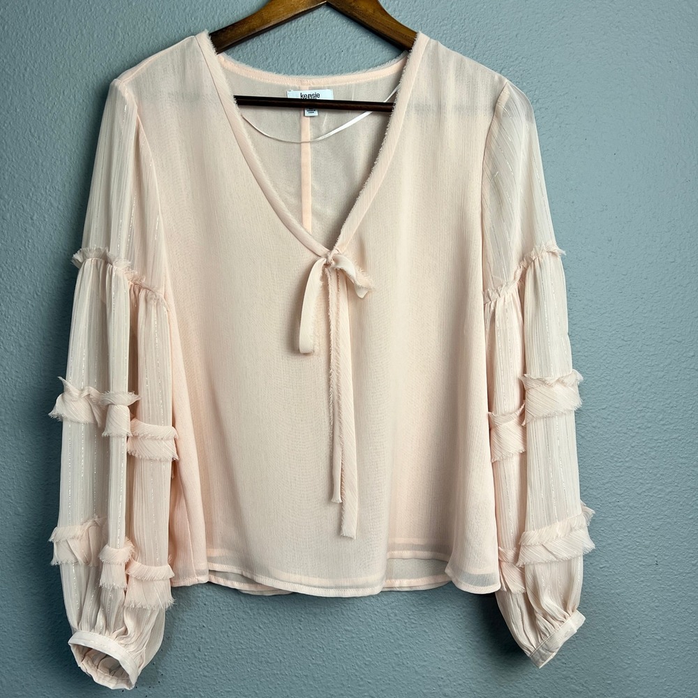 Kensie Jeans Tiered‎ Sheer Ruffle Sleeve Fairy Boho Blouse Metallic Pink Size M